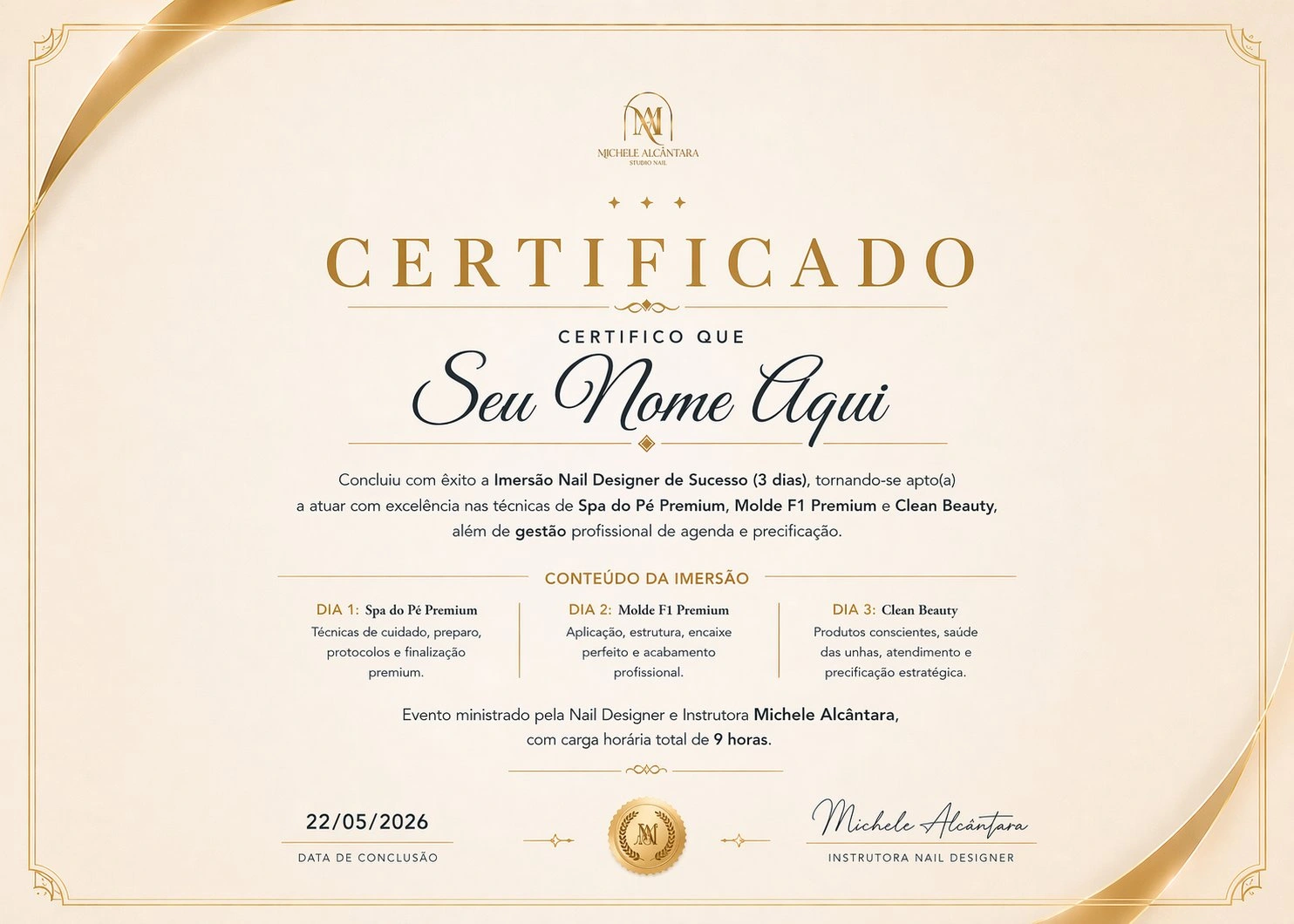Certificado de participação — Imersão Nail Designer de Sucesso por Michele Alcântara